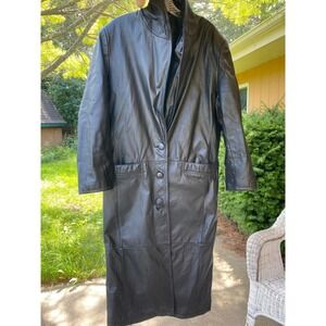 Vintage Gitano Black Leather Trench Coat Longline Button Front Women's M